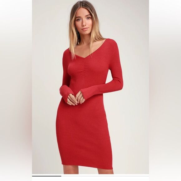 Lulu's Dresses & Skirts - Lulu’s cute brick red ribbed knit dress Bodycon sz Small NWT trendy stretchy